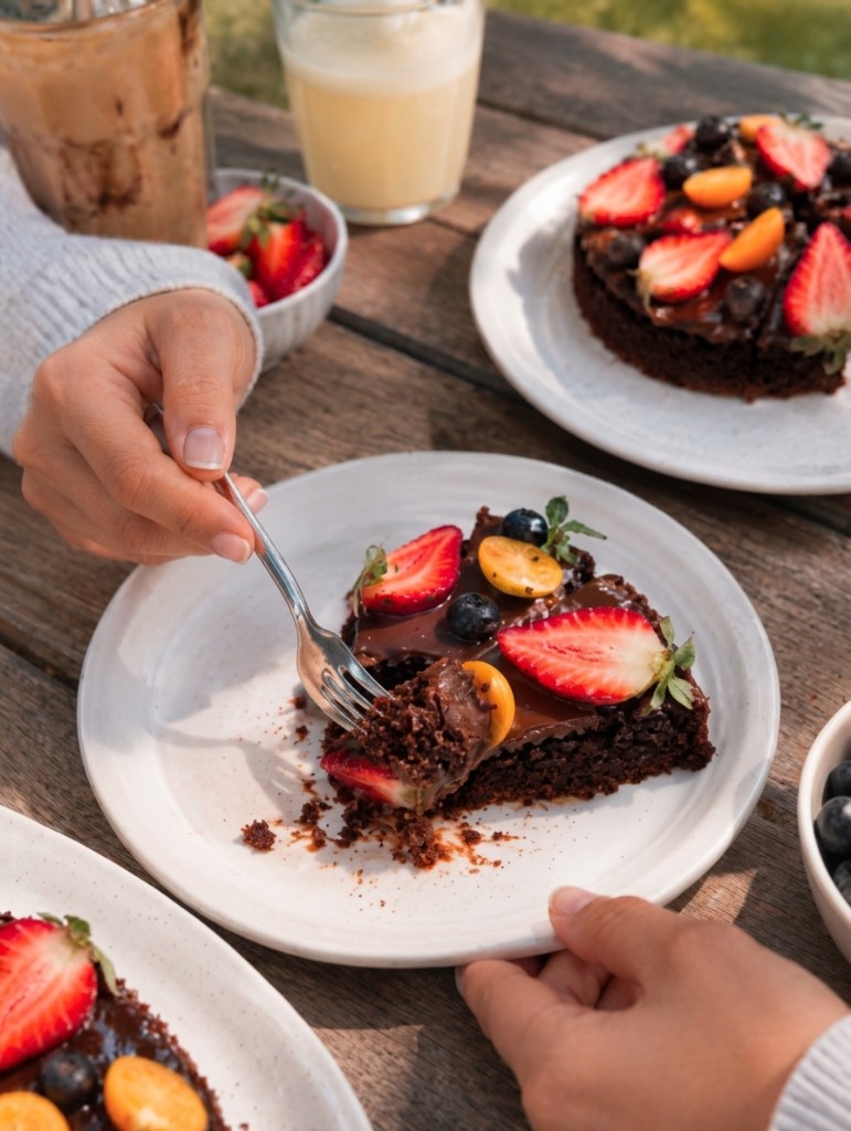 Porción de postre de chocolate con frutos rojos de Miel Lavanda